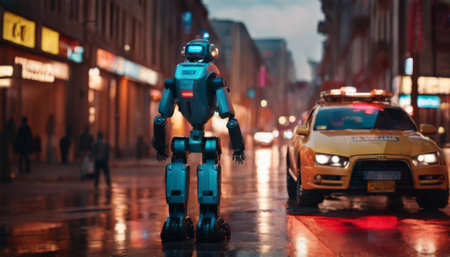 A humanoid robot navigates a wet urban street at dusk, with the glow of city lights reflecting on the pavement and a patrol car in the background.. AI Generationの素材