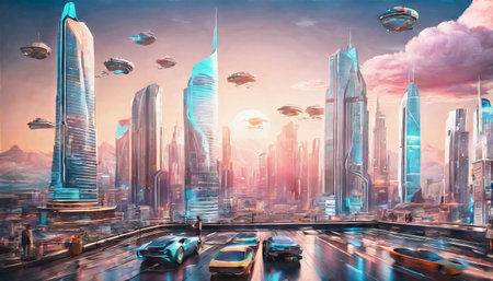 A visionary depiction of an ultra-modern cityscape with flying cars, towering skyscrapers, and a vibrant sunset, symbolizing future urban life.. AI Generationの素材