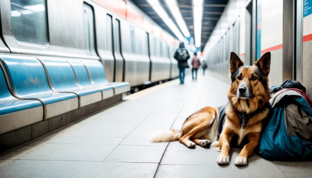 A vigilant shepherd mix dog waits patiently beside a blue subway bench, backpack nearby.. AI Generationの素材