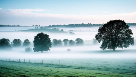 A serene landscape enveloped in morning mist, showcasing rolling hills, a solitary tree, and a distant farmhouse.. AI Generationの素材