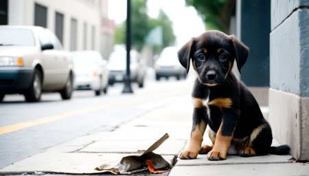 A cute black and tan puppy looking up with hopeful eyes, sitting alone on a city sidewalk beside a dirty napkin.. AI Generationの素材