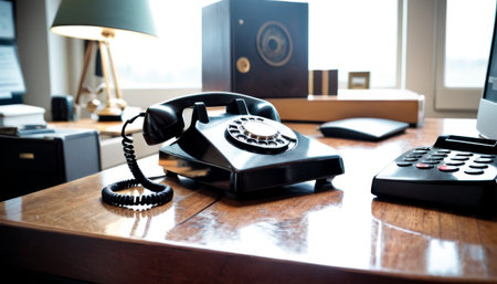 Vintage black rotary telephone on a polished wood desk, reflecting a classic communication style in a modern setting.. AI Generationの素材
