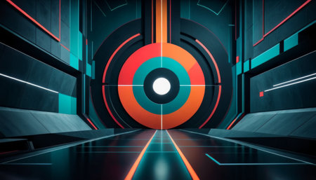 A futuristic tunnel with glowing neon rings and a central perspective leading to a white orb, depicting sci-fi themed architecture.. AI Generationの素材