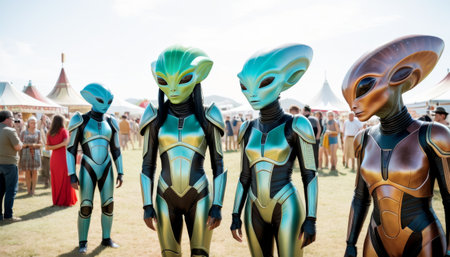 A group of four humanoid aliens in sleek suits mingles with humans at an outdoor fair, creating a stark contrast of worlds.. AI Generationの素材