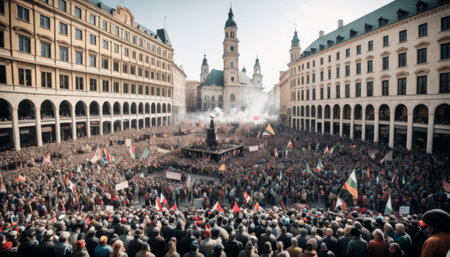 A massive rally fills a grand European square, surrounded by historic architecture under a hazy sky.. AI Generationの素材