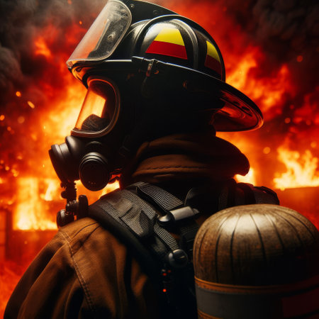 A firefighter in full gear faces an intense blaze, highlighted by the dramatic glow of the fire against the dark, smoky background. AI Generationの素材