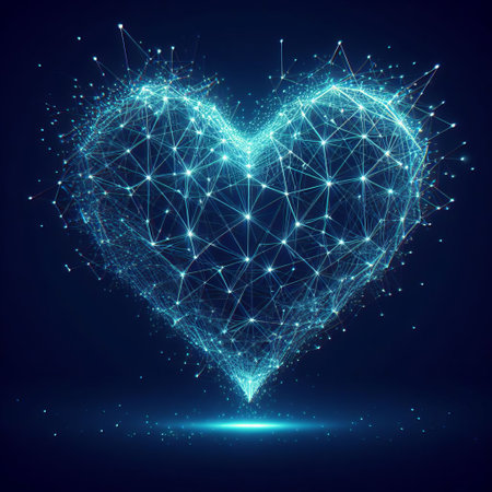 A luminous heart-shaped structure made of interconnected lights and nodes, set against a dark background, symbolizing connectivity and emotion.. AI Generationの素材