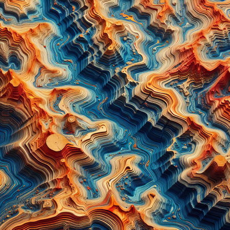 Vibrant, undulating geometric patterns create a mesmerizing abstract landscape in a spectrum of warm and cool colors.. AI Generationの素材