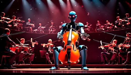 A blue humanoid robot skillfully plays a cello amidst a live symphony orchestra in a vibrant concert hall.. AI Generationの素材