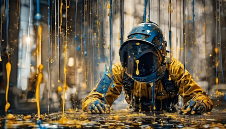 A worker in a hazmat suit inspecting under a glowing golden shower of sparks in an industrial environment. AI Generationの素材
