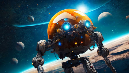 A robotic explorer with glowing eyes and intricate design stands on a foreign planet against a backdrop of stars and celestial bodies, depicting deep space exploration.. AI Generationの素材