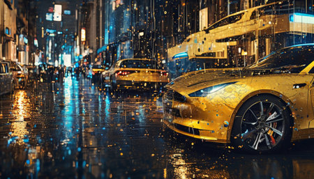 A vibrant yellow sports car driving through a rainy cityscape at night, with reflections and lights creating a dramatic atmosphere.. AI Generationの素材