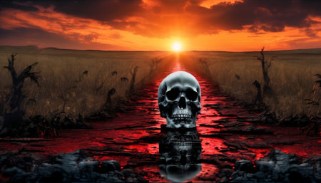 A striking image of a skull on a blood-red path leading to a sunset, surrounded by dead fields, symbolizing doom and despair.. AI Generationの素材