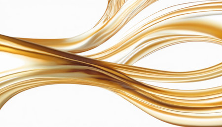 A digital art piece showcasing fluid, wavy lines of a glossy golden liquid against a clean white backdrop. Ideal for contemporary decor themes.. AI Generationの素材