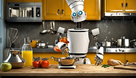 A futuristic robot chef skillfully cooking in a modern kitchen setting, equipped with various culinary tools and ingredients.. AI Generationの素材