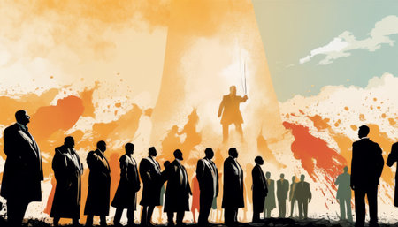 Dramatic illustration of silhouetted figures standing before a vibrant, abstract mural with splashes of orange and red.. AI Generationの素材