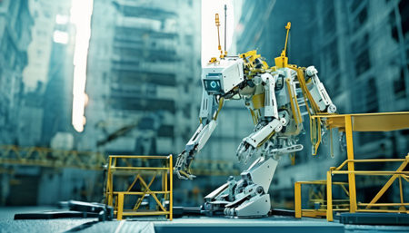 A complex industrial robot operates machinery within a large manufacturing plant, illustrating modern automated production processes. AI Generationの素材