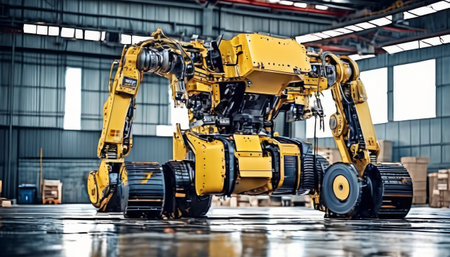 A large yellow robotic machine operates machinery in a high-tech factory setting, showcasing industrial automation.. AI Generationの素材