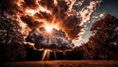 Dramatic scene of radiant sunlight bursting through dense clouds over a tranquil park, creating a stunning visual contrast.. AI Generationの素材