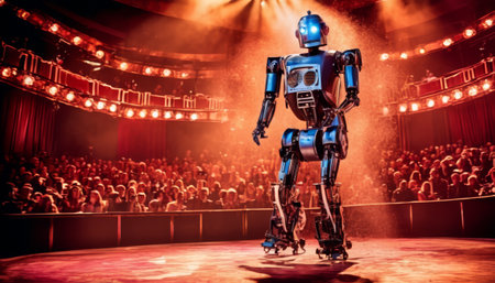 A tall, sleek blue robot performing on a circus stage under dramatic red lighting, with an attentive crowd in the background.. AI Generationの素材