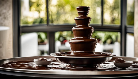 A luxurious chocolate fondue fountain in a modern setting, with chocolate flowing over tiers and small dishes ready for dipping.. AI Generationの素材