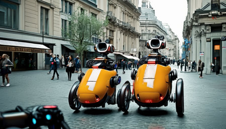 Two futuristic autonomous motorbikes, colored yellow with bold black stripes, navigating a busy city street, blending advanced technology with everyday urban life.. AI Generationの素材