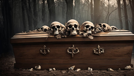 A dark, atmospheric image of an ornate wooden coffin surrounded by skulls in a misty forest setting.. AI Generationの素材