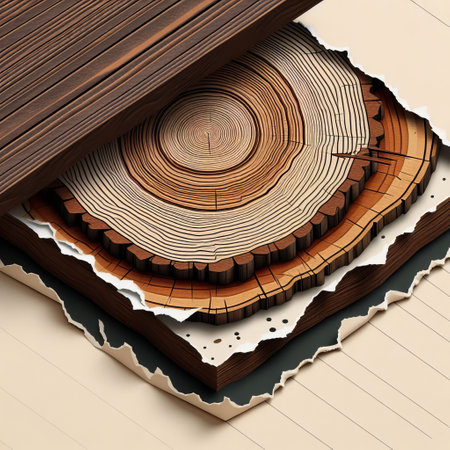 Creative 3D paper art illustration showing concentric circles of wood layers as they break through paper, with an abstract, realistic look.. AI Generationの素材
