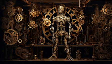 Intricate steampunk-inspired digital art of a humanoid robot amidst a backdrop of complex gears and machinery, evoking a sense of vintage futurism.. AI Generationの素材