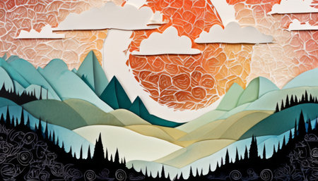 Paper art featuring a serene landscape with stylized mountains, trees, and a large sun, all crafted from layers of colored paper, creating a calm and peaceful scene.. AI Generationの素材