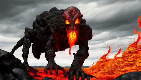 Dramatic image featuring a large, menacing fire monster with a molten lava texture, set against a stark volcanic landscape under a cloudy sky.. AI Generationの素材