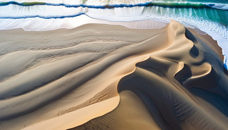 A stunning aerial perspective captures the contrast between a tranquil turquoise ocean and sprawling golden sand dunes.. AI Generationの素材