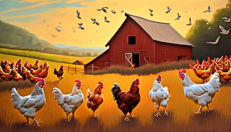 Colorful illustration of a lively farm scene featuring a variety of chickens in the foreground and a classic red barn.. AI Generationの素材