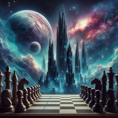 Surreal digital artwork of a chessboard with classic chess pieces set against a backdrop of a fantasy cosmic city and celestial bodies.. AI Generationの素材