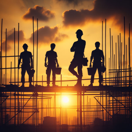 Silhouetted construction workers on scaffolding with a vibrant sunset backdrop, highlighting industry and teamwork.. AI Generationの素材