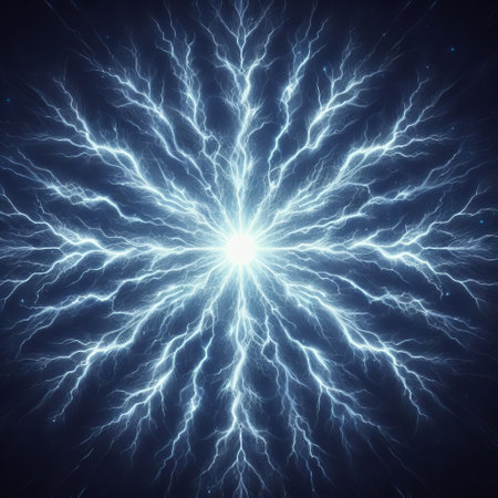 Abstract depiction of a neural network with branching blue electricity, symbolizing complex connections and high energy.. AI Generationの素材