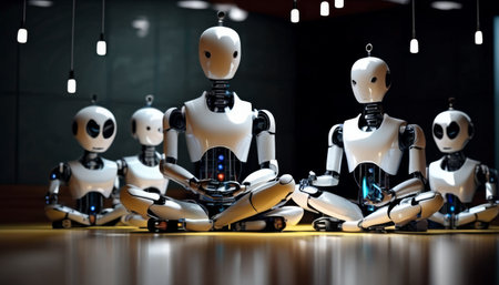 A group of humanoid robots with sleek designs are seated around a circular table in a dimly lit room, illuminated by overhead pendant lights.. AI Generationの素材
