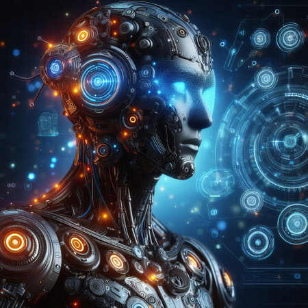 Detailed image of an advanced robotic head, featuring glowing blue eyes and intricate circuit designs, with futuristic HUD elements.. AI Generationの素材