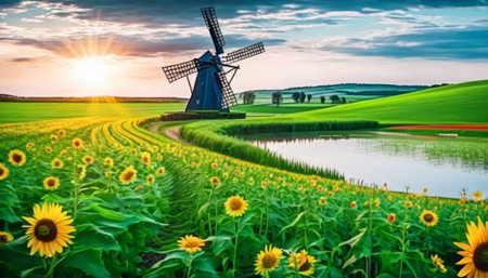 A scenic view of a sunflower field stretching towards a traditional windmill under a vibrant sunset sky.. AI Generationの素材