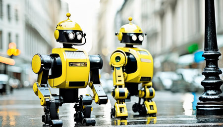 Two yellow robots equipped with cameras and lights strolling down a rainy urban street, reflecting on the wet pavement.. AI Generationの素材