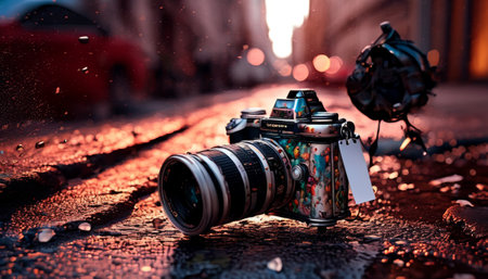 A vintage camera adorned with colorful designs is left on a wet, cobblestone street at twilight, reflecting city lights and a blurred car.. AI Generationの素材