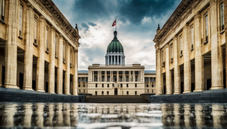 A striking image of a stately government building, featuring a large dome and columns, reflected beautifully in a serene pool in front.. AI Generationの素材