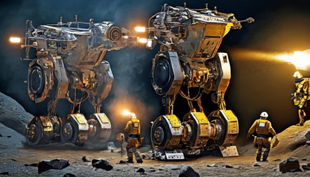 Enormous mining robots operate on the lunar surface under harsh lighting, highlighting the potential of robotics in extraterrestrial resource extraction.. AI Generationの素材