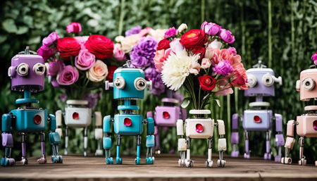A whimsical display of colorful toy robots holding assorted flowers, set against a lush green background. AI Generationの素材