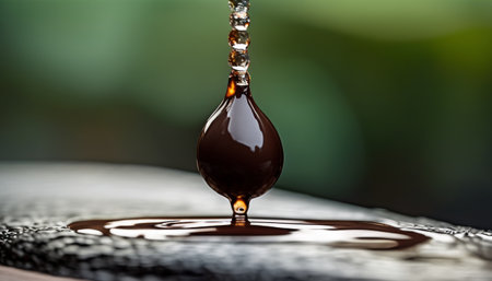 A captivating macro shot of a dark coffee droplet falling into a pool, creating ripples on the surface.. AI Generationの素材