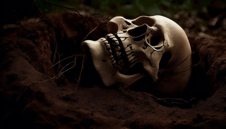 A human skull partially buried in dark soil, with subtle roots intertwined around it, casting eerie shadows under low light. AI Generationの素材