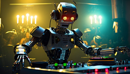 A red-eyed robot DJ stands at a club mixing desk, bringing a futuristic vibe to the lively music scene.. AI Generationの素材
