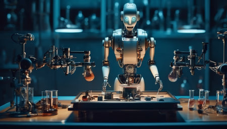 A robotic lab technician manipulates scientific equipment in a blue-lit laboratory filled with glassware and tools.. AI Generationの素材