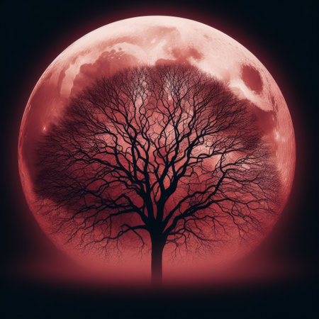 Surrealistic image of a large red moon backdrop with a detailed silhouette of a leafless tree, perfect for mystical and eerie themes.. AI Generationの素材