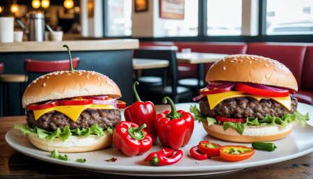 Two cheeseburgers with lettuce and onion, accompanied by vibrant red and green peppers, in a comfortable diner booth.. AI Generationの素材
